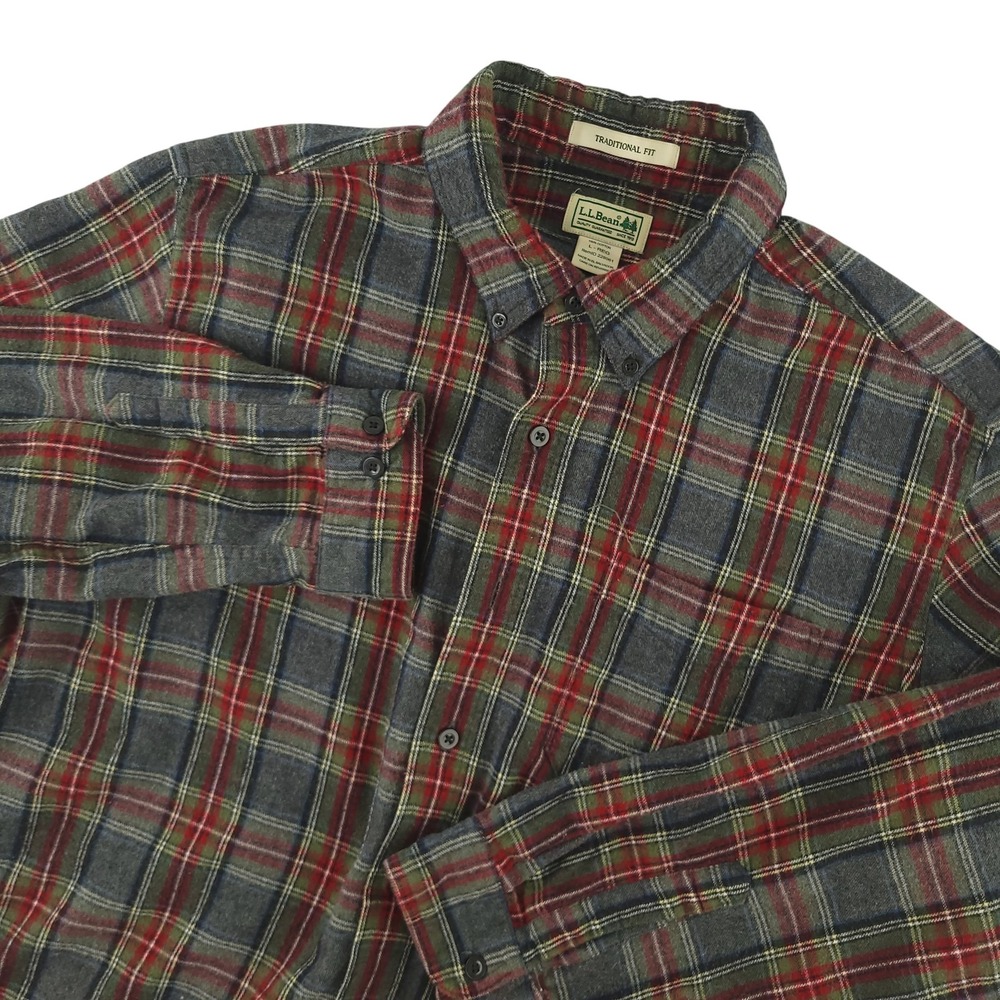 L.L. Bean Flannel Shirt Mens L Gray Plaid Long Sleeve Button Up Cotton Casual